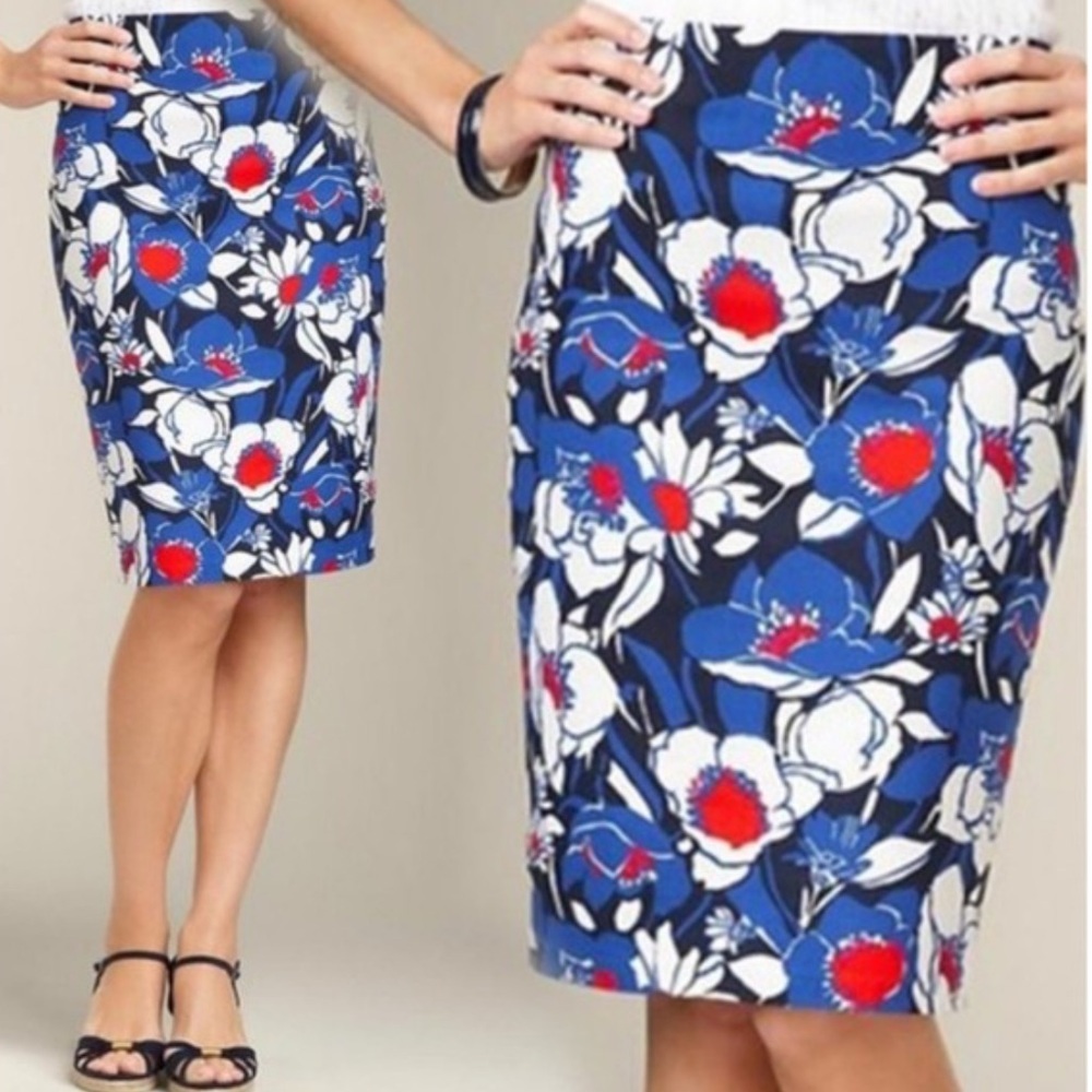 Talbots | Women’s Blue/White/Red Floral Back Zip/Slit Lined Pencil Skirt size 4P